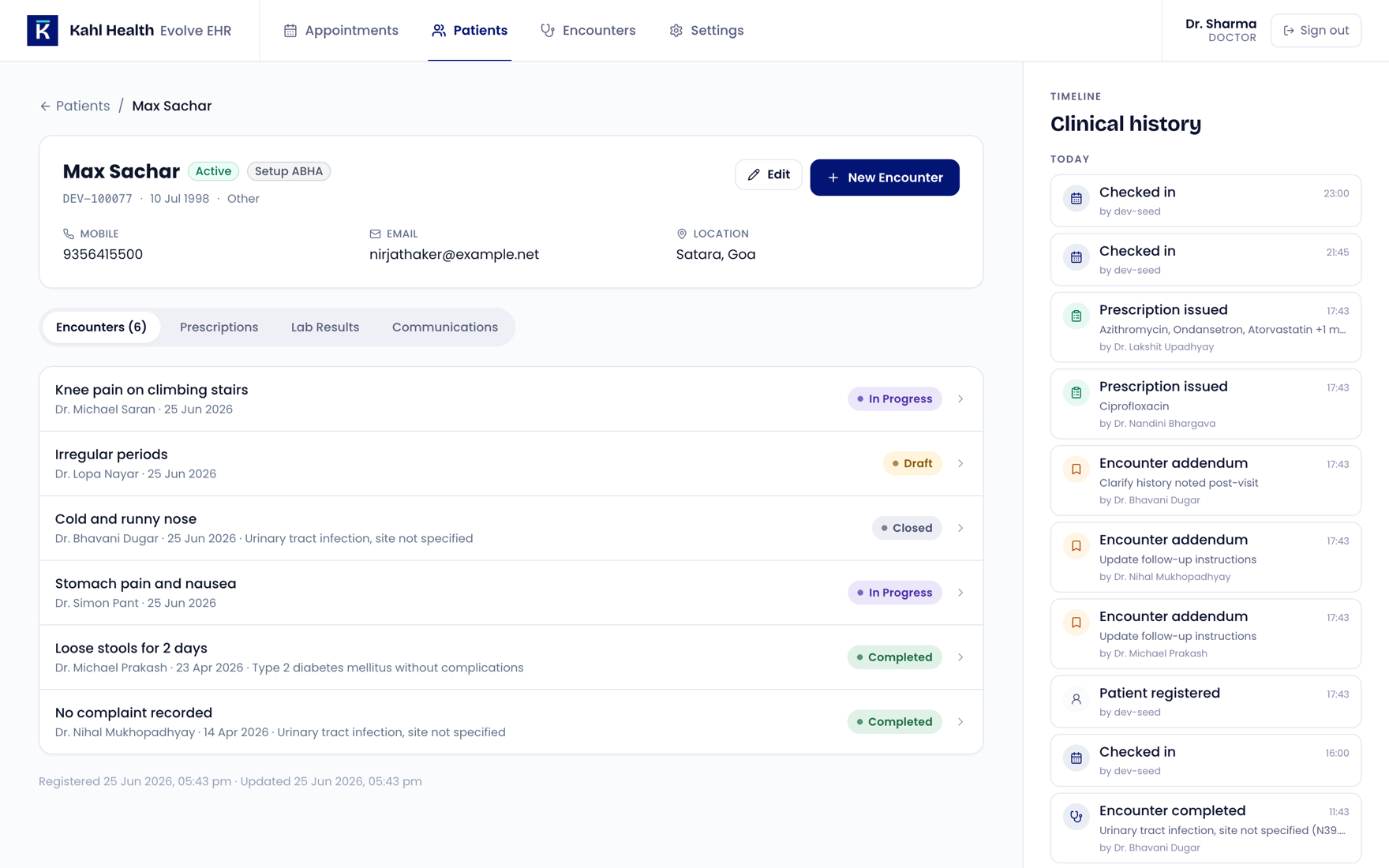 Unified patient record with encounters, prescriptions and clinical timeline
