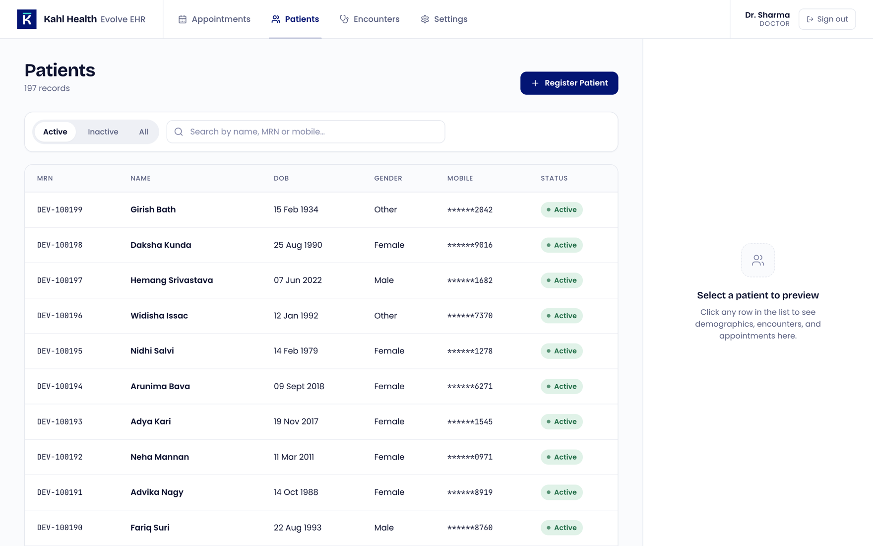 Patient directory with search and privacy-masked contact details